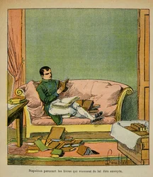Ilustración de Bombled Louis (1862-1927) del libro “El Memorial de Santa Helena” de Conde Emmanuel de Las Cases (1766-1842): El emperador Napoleón revisa los libros que acaban de ser enviados a Santa Helena, Colección privada