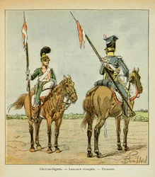 Ilustración de Bombled Louis (1862-1927) del libro “El Memorial de Santa Helena” de Conde Emmanuel de Las Cases (1766-1842): Caballos ligeros de la Guardia: Lancero francés y polaco, Colección privada
