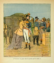 Ilustración de Louis Bombled del libro “El Memorial de Santa Helena” de Emmanuel de Las Cases: Bonaparte reconforta a Josefina después del ataque a su coche durante la campaña italiana