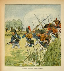 Ilustración de Louis Bombled del libro “El Memorial de Santa Helena” de Emmanuel de Las Cases: El ejército francés pasa el Piave durante la campaña italiana
