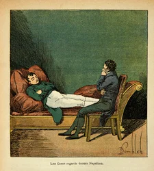 Ilustración de Louis Bombled del libro “El Memorial de Santa Helena” de Emmanuel de Las Cases: Las Cases observa a Napoleón durmiendo