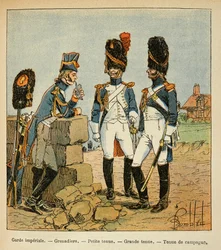 Ilustración de Louis Bombled (1862-1927) del libro “El Memorial de Santa Helena” de Emmanuel de Las Cases (1766-1842): Granaderos de la Guardia Imperial: Pequeño uniforme; gran uniforme y uniforme de campaña, Colección Privada