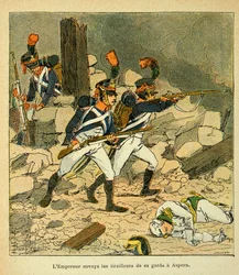Ilustración de Louis Bombled (1862-1927) del libro El Memorial de Santa Helena de Conde Emmanuel de Las Cases (1766-1842): El Emperador Napoleón envió su guardia a Aspern durante la Batalla de Essling