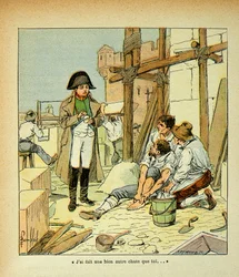 Ilustración de Bombled Louis (1862-1927) del libro «El Memorial de Santa Elena» del conde Emmanuel de Las Cases (1766-1842): En la isla de Elba, cayó un albañil empleado en las construcciones ordenadas por el Emperador. Napoleón, tratando de consolarlo