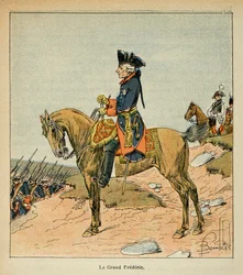 Ilustración de Bombled Louis (1862-1927) del libro “El Memorial de Santa Helena” de Conde Emmanuel de Las Cases (1766-1842): Retrato ecuestre de Federico II de Prusia llamado el Gran Federico (1712 - 1786), Colección privada