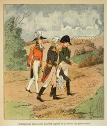 Ilustración de Louis Bombled (1862-1927) del libro «El Memorial de Santa Elena» del conde Emmanuel de Las Cases (1766-1842): Conversación entre Napoleón, el gobernador Hudson Mowe y el almirante inglés Cockburn en agosto de 1816 en Santa Elena, Private Co