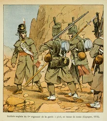 Ilustración de Louis Bombled (1862-1927) del libro "El Memorial de Santa Helena" por el Conde Emmanuel de Las Cases (1766-1842): Soldados ingleses del 1er Regimiento de la Guardia en una parada en el camino (España 1814), Colección privada