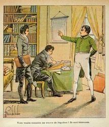 Ilustración de Louis Bombled (1862-1927) del libro "El Memorial de Santa Helena" por el Conde Emmanuel de Las Cases (1766-1842): Napoleón dicta sus memorias a Las Cases, Colección privada