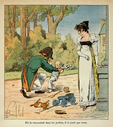 Ilustración de Louis Bombled (1862-1927) del libro "El Memorial de Santa Helena" por el Conde Emmanuel de Las Cases (1766-1842): Napoleón jugando con su hijo en presencia de Marie Louise, Colección privada