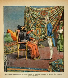 Ilustración de Bombled Louis (1862-1927) del libro “El Memorial de Santa Helena” de Conde Emmanuel de Las Cases (1766-1842): El embajador persa, Asker - Khan, en una visita a París, lleva a Francois Barbe-Marbois (Barbe Marbois) (1745-1837)