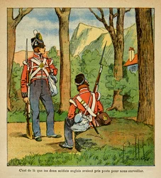 Ilustración de Bombled Louis (1862-1927) del libro “El Memorial de Santa Helena” de Conde Emmanuel de Las Cases (1766-1842): Soldados ingleses a cargo de la vigilancia del emperador Napoleón en Santa Helena, Colección privada