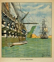 Ilustración de Bombled Louis (1862-1927) del libro “El Memorial de Santa Helena” de Conde Emmanuel de Las Cases (1766-1842): Llegada de Napoleón a Santa Helena el 15 de octubre