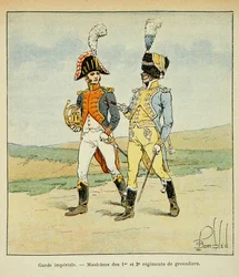 Ilustración de Bombled Louis (1862-1927) del libro “El Memorial de Santa Helena” de Conde Emmanuel de Las Cases (1766-1842): Guardia Imperial: Músicos del 1er y 2do regimiento de granaderos, Colección privada