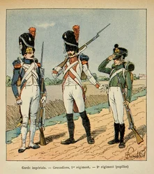 Ilustración de Bombled Louis (1862-1927) del libro “El Memorial de Santa Helena” de Conde Emmanuel de Las Cases (1766-1842): Guardia Imperial; Granadero del 1er regimiento; alumnos del 2do regimiento, Colección privada
