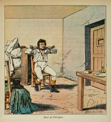 Ilustración de Bombled Louis (1862-1927) del libro “El Memorial de Santa Helena” de Conde Emmanuel de Las Cases (1766-1842): Muerte de Jean Charles Pichegru (1761-1804) en su prisión en 1804, Colección privada