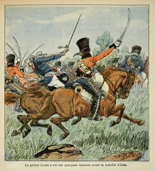 Ilustración de Bombled Louis (1862-1927) del libro “El Memorial de Santa Helena” de Conde Emmanuel de Las Cases (1766-1842): Muerte del príncipe Luis Fernando de Prusia (1772-1806) durante la batalla de Saalfeld el 10 de octubre