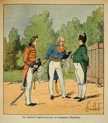Ilustración de Louis Bombled del libro “El Memorial de Santa Helena” de Emmanuel de Las Cases: En Santa Helena, un capitán inglés presenta al emperador Napoleón a un teniente
