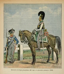 Ilustración de Bombled Louis (1862-1927) del libro “El Memorial de Santa Elena” de Conde Emmanuel de Las Cases (1766-1842): Infantería de la línea prusiana (42, eme regimiento) y acorazados prusianos