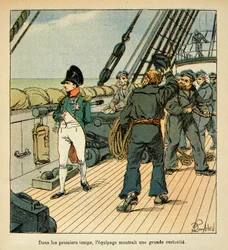 Napoleón en ruta a Santa Helena a bordo del Northumberland atrae la simpatía de la tripulación, de la colección privada