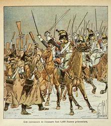 Ilustración de Bombled Louis (1862-1927) del libro “El Memorial de Santa Helena” de Conde Emmanuel de Las Cases (1766-1842): El 9º regimiento de acorazados del coronel Doumere capturó a 1800 rusos durante la campaña rusa, Colección privada