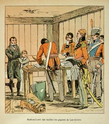 Ilustración de Bombled Louis (1862-1927) del libro “El Memorial de Santa Helena” de Conde Emmanuel de Las Cases (1766-1842): Hudson Lowe (1769-1844) hace buscar los papeles de Las Cases, Colección privada