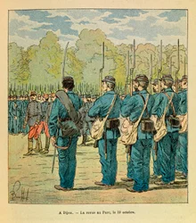 «El Ejército del Este» de Eugène Sergeant, llamado Grenest, ilustrado por Louis Bombled (1862-1927) (Guerra franco-prusiana; campaña de 1870-1871): En Dijon, el almacén de la Guardia Nacional en el parque el 19 de octubre