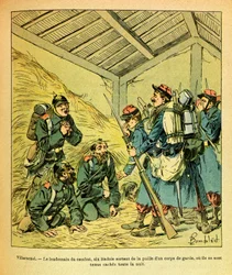 El Ejército del Este de Eugene Sergeant, conocido como Grenest, ilustrado por Louis Bombled (1862-1927): Enero de 1871, el día después de los combates de Villersexel, seis badois salen de la paja de un cuerpo de guardia donde se escondían