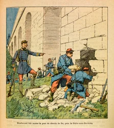 El Ejército del Este de Eugene Sergeant, conocido como Grenest, ilustrado por Louis Bombled (1862-1927) (Guerra Franco-Prusiana; campaña de 1870-1871): Bombonnel y sus francotiradores hacen volar el puente de Armançon cerca de Nuits bajo los ríos de la lín