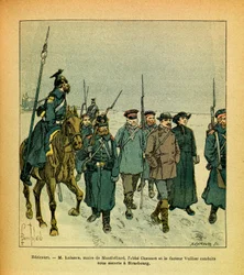 El ejército del Este: Enero de 1871, Hericourt, M Lalance, alcalde de Montbeliard, Abbe Chaumet y Vuillier, llevados bajo escolta por los prusianos