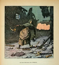 El Ejército del Loira por Eugene Sergent, conocido como Grenest, ilustrado por Louis Bombled (1862-1927) (Guerra Franco-Prusiana; campaña de 1870-1871): La viuda Perrochon asesinada en Freteval. Forzada por los prusianos a buscar agua en el pozo con una ve