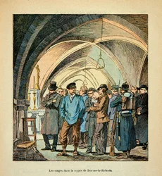 El Ejército del Loira por Eugene Sergent, conocido como Grenest, ilustrado por Louis Bombled (1862-1927) (Guerra Franco-Prusiana; campaña de 1870-1871): Rehenes franceses en la cripta de Beaune La Rolande durante los combates el 28 de noviembre de 1870, Co