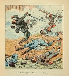 El Ejército del Loira por Eugene Sergent, conocido como Grenest, ilustrado por Louis Bombled (1862-1927) (Guerra Franco-Prusiana; campaña de 1870-1871): Muerte del Capitán De Boissieu durante los combates de Orleans el 11 de octubre de 1870, Colección Priv