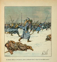 El ejército del Loira por Eugene Sergent, ilustrado por Louis Bombled (Guerra Franco-Prusiana; campaña de 1870-1871): Batalla de Le Mans, enero de 1871, el cazador Martin del 10º Batallón deja su bayoneta en el cuerpo de un prusiano