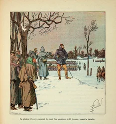 El ejército del Loira por Eugene Sergent, ilustrado por Louis Bombled (Guerra Franco-Prusiana; campaña de 1870-1871): El general Chanzy recorre el frente de posiciones el 11 de enero antes de la batalla, Colección privada