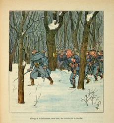 El Ejército del Loira por Eugene Sergent, conocido como Grenest, ilustrado por Louis Bombled (1862-1927) (Guerra Franco-Prusiana; campaña de 1870-1871): Batalla de Le Mans en enero de 1871, cargando los móviles de la Sarthe, Colección Privada