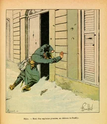 El Ejército del Este de Eugene Sergeant, conocido como Grenest, ilustrado por Louis Bombled (1862-1927) (Guerra Franco-Prusiana; campaña de 1870-1871): Muerte de un capitán prusiano en el Château de Pouilly, colección privada