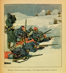 El Ejército del Este de Eugene Sergeant, conocido como Grenest, ilustrado por Louis Bombled (1862-1927) (Guerra Franco-Prusiana; campaña de 1870-1871): Hericourt, un rincón del campo de batalla; el 4º zuavo antes de Chagey el 15 de enero