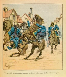 El Ejército del Este de Eugene Sergeant, conocido como Grenest, ilustrado por Louis Bombled (1862-1927) (Guerra Franco-Prusiana; campaña de 1870-1871): En diciembre de 1870, una patrulla de siete jinetes prusianos fue destruida en Morey por francotiradores