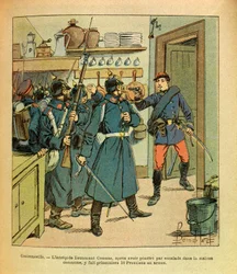 El Ejército del Este de Eugene Sergeant, conocido como Grenest, ilustrado por Louis Bombled (1862-1927) (Guerra Franco-Prusiana; campaña de 1870-1871): En Contrexeville, el intrépido Teniente Coumes después de subir a la casa común, tomó 16 prisioneros pru
