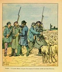 El Ejército del Este de Eugene Sergeant, conocido como Grenest, ilustrado por Louis Bombled (1862-1927) (Guerra Franco-Prusiana; campaña de 1870-1871): El móvil de Martin, disfrazado de campesino, capturó un rebaño de ovejas llevado por dos prusianos a Lan