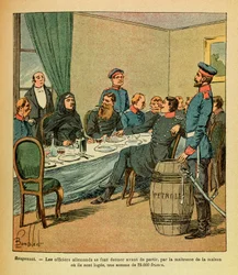 El ejército oriental de Eugene Sergeant, conocido como Grenest, ilustrado por Louis Bombled: en Rougemont, los oficiales alemanes recibieron antes de partir, por la dueña de la casa donde se alojan, una suma