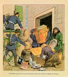 El ejército del Este de Eugene Sergeant, ilustrado por Louis Bombled (Guerra Franco-Prusiana; campaña de 1870-1871): Las mujeres que siguen al ejército alemán ayudaron a los soldados a saquear la ciudad de Cussey después de ser tomada en octubre de 1870