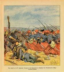 El Ejército del Este de Eugene Sergeant, conocido como Grenest, ilustrado por Louis Bombled (1862-1927): Los zuavos del 3º Regimiento cargan a bayoneta y expulsan a los prusianos del pueblo de Auxon-Dessus durante