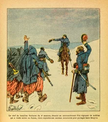 El Ejército del Este de Eugene Sergeant, conocido como Grenest, ilustrado por Louis Bombled (1862-1927) (Guerra Franco-Prusiana; campaña de 1870-1871): El líder de los batallones de Barberet de los 4º Zuavos, se destaca para comandar un regimiento de móvil