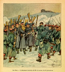 El Ejército del Este de Eugene Sergeant, conocido como Grenest, ilustrado por Louis Bombled (1862-1927) (Guerra Franco-Prusiana; campaña de 1870-1871): Febrero de 1871 durante las últimas luchas en La Cluse, el teniente Jasinsky del 29º, hizo 35 prisionero
