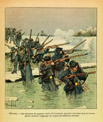 El Ejército del Este de Eugene Sergeant, conocido como Grenest, ilustrado por Louis Bombled (1862-1927) (Guerra Franco-Prusiana; campaña de 1870-1871): Enero de 1871, Hericourt, los cazadores del Capitán Sarda se sumergen medio cuerpo en el hielo Lisaine, 