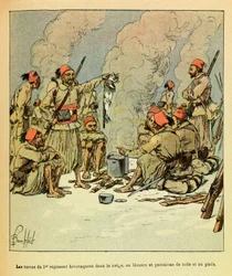 El Ejército del Este de Eugene Sergeant, conocido como Grenest, ilustrado por Louis Bombled (1862-1927) (Guerra Franco-Prusiana; campaña de 1870-1871): Enero de 1871, los turcos del 1er regimiento acampan en la nieve, con blusas y pantalones de lona y desc