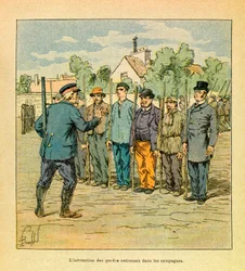 El Ejército del Este de Eugène Sergeant, conocido como Grenest, ilustrado por Louis Bombled (1862-1927) (Guerra franco-prusiana; campaña de 1870-1871): El adiestramiento de los guardias nacionales en el campo para defender el territorio, Colección privada.