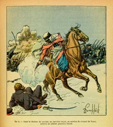 El Ejército del Este de Eugene Sergeant, conocido como Grenest, ilustrado por Louis Bombled (1862-1927) (Guerra Franco-Prusiana; campaña de 1870-1871): Enero de 1871, un jinete negro al servicio del Coronel De Vezet completa a un oficial prusiano herido, C