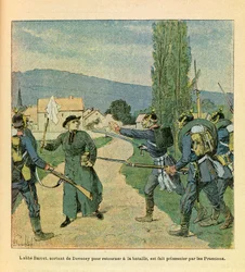 El ejército oriental de Eugene Sergeant, conocido como Grenest, ilustrado por Louis Bombled: el abad Barret dejando Devecey para unirse a los franceses fue hecho prisionero por los prusianos durante los combates en Cussey